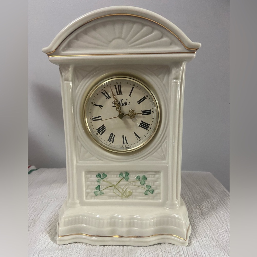 Belleek White and Gold Wall Clock with Architectural Design